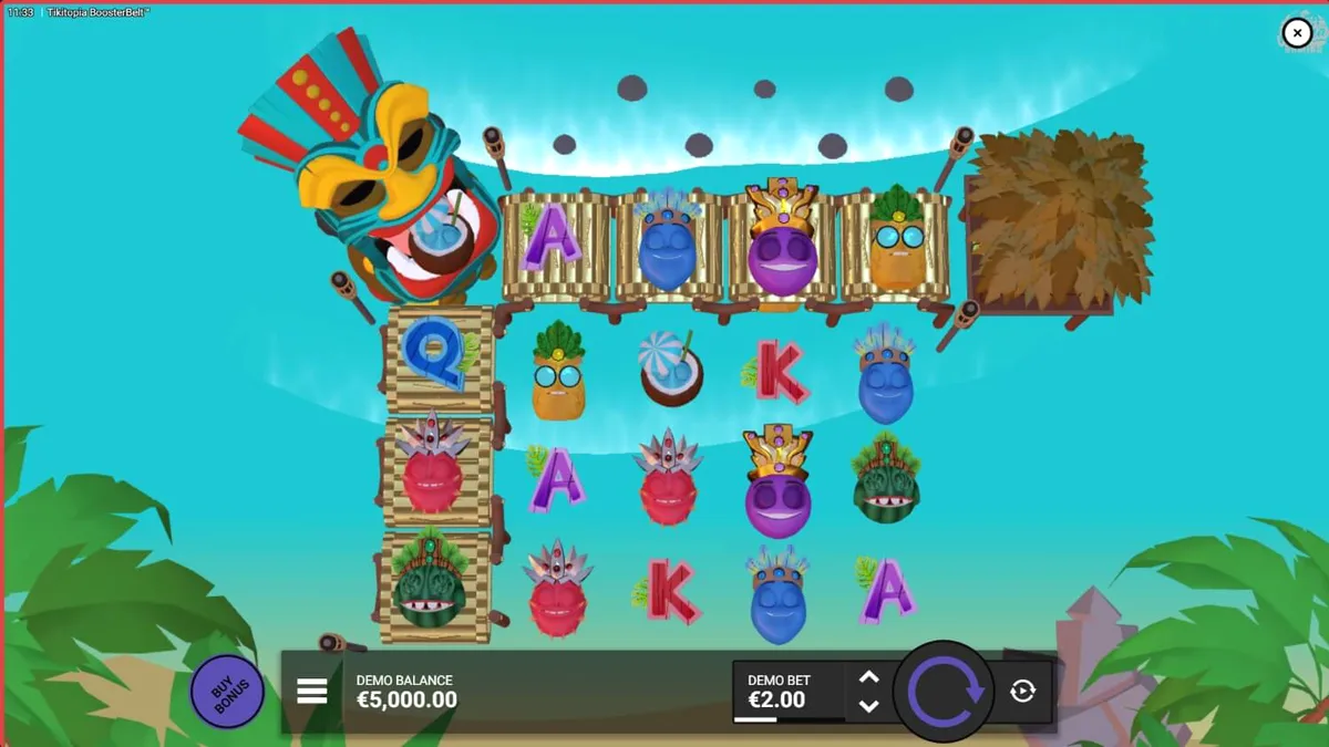 Totem Big'Um Tiki e frutas tropicais em um cenário vibrante de ilha em Tikitopia BoosterBelt