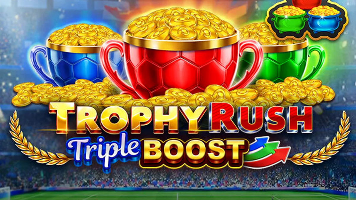 Interface de jogo do slot Trophy Rush Triple Boost com símbolos de moedas douradas