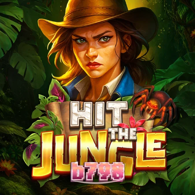 Interface do jogo de slot Hit the Jungle com símbolos vibrantes e grade expandida